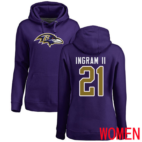 Baltimore Ravens Purple Women Mark Ingram II Name and Number Logo NFL Football #21 Pullover Hoodie Sweatshirt